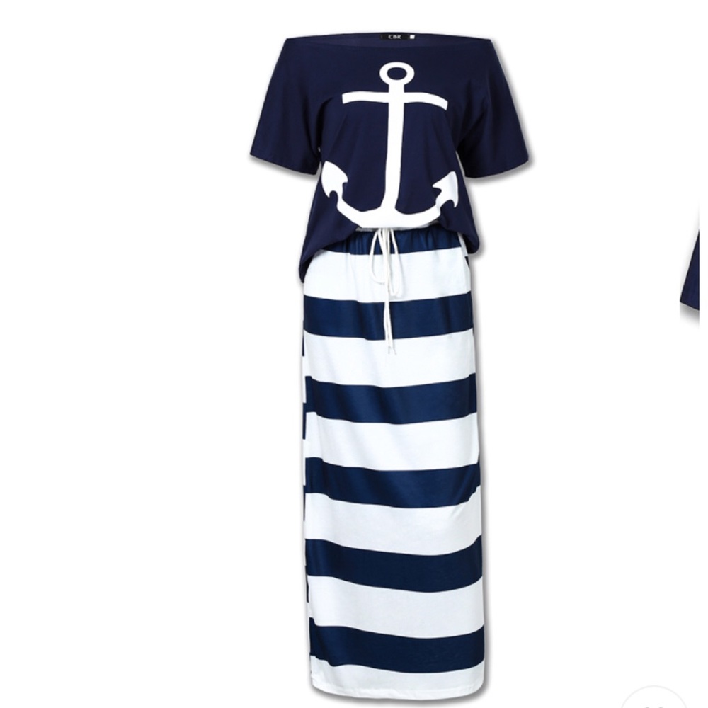 2 piece maxi skirt / t shirt striped anchor print size small - Picture 8 of 15